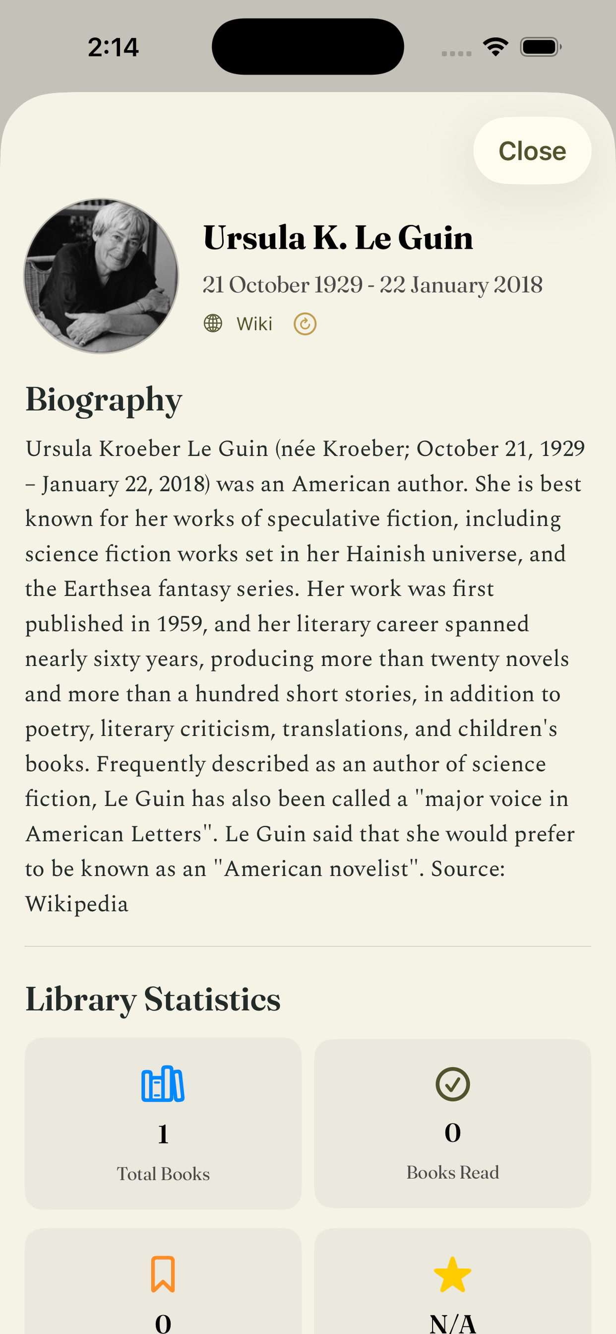 Ajanta author page for Ursula K. Le Guin with biography and library statistics