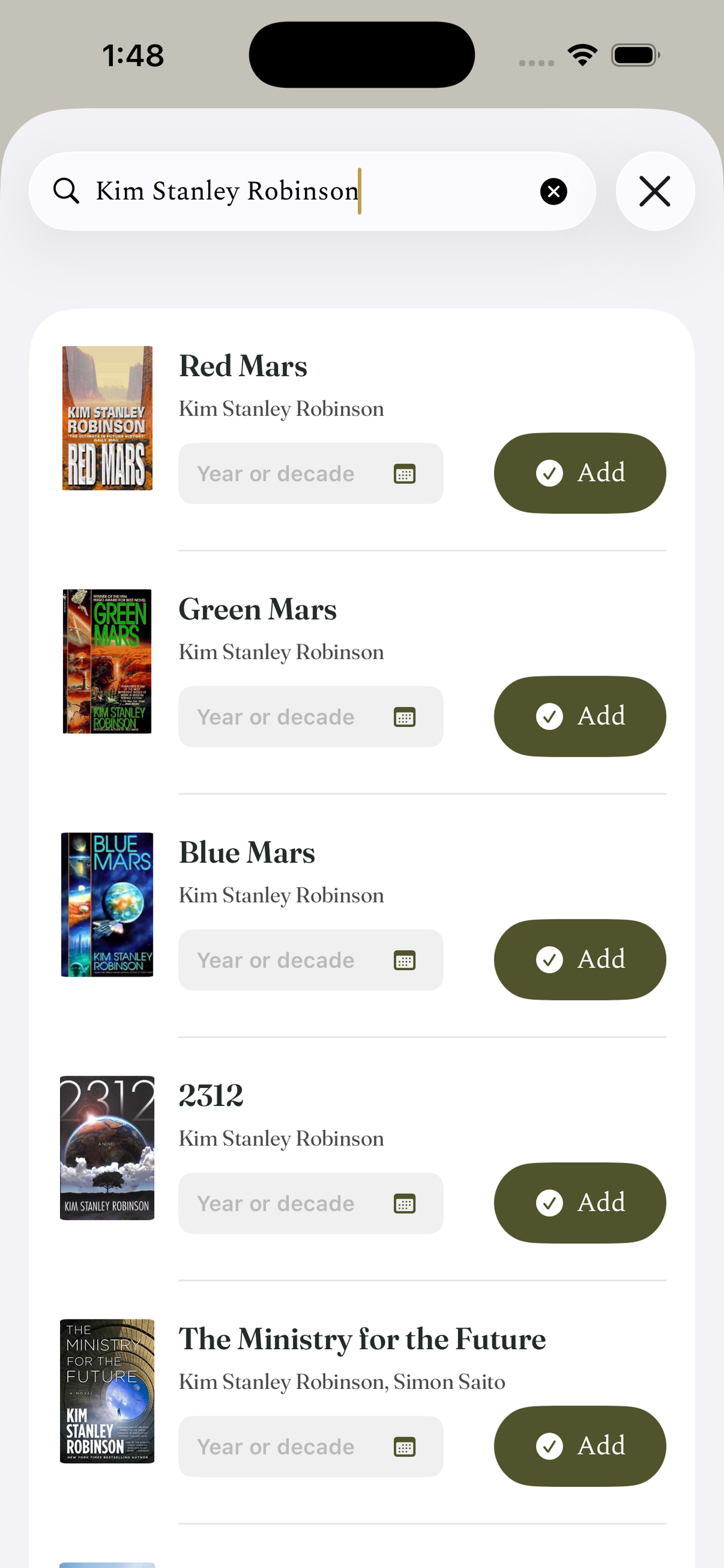 Ajanta book search for Kim Stanley Robinson, showing cover art, reading-year controls, and add buttons