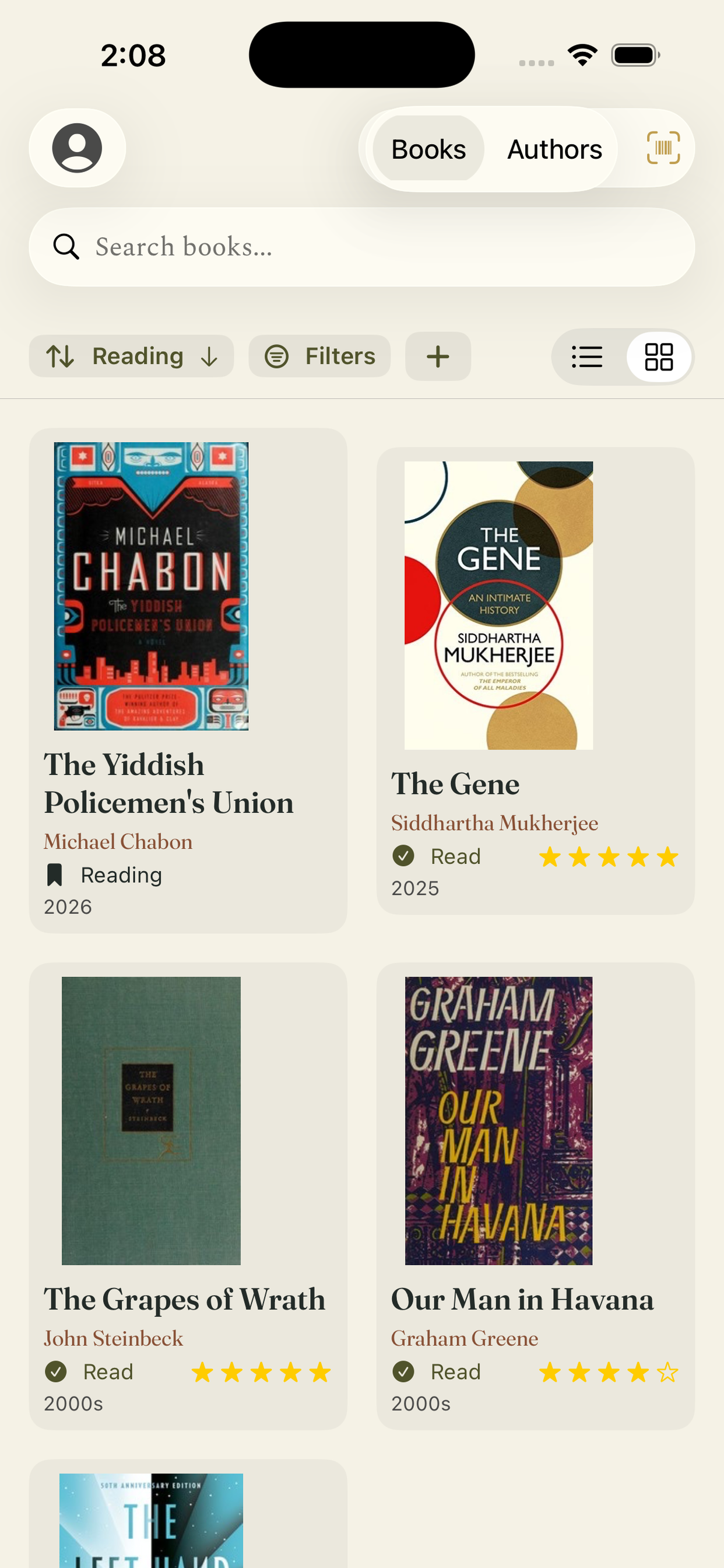 Ajanta library in grid view with The Yiddish Policemen’s Union, The Gene, The Grapes of Wrath, Our Man in Havana, and The Left Hand of Darkness