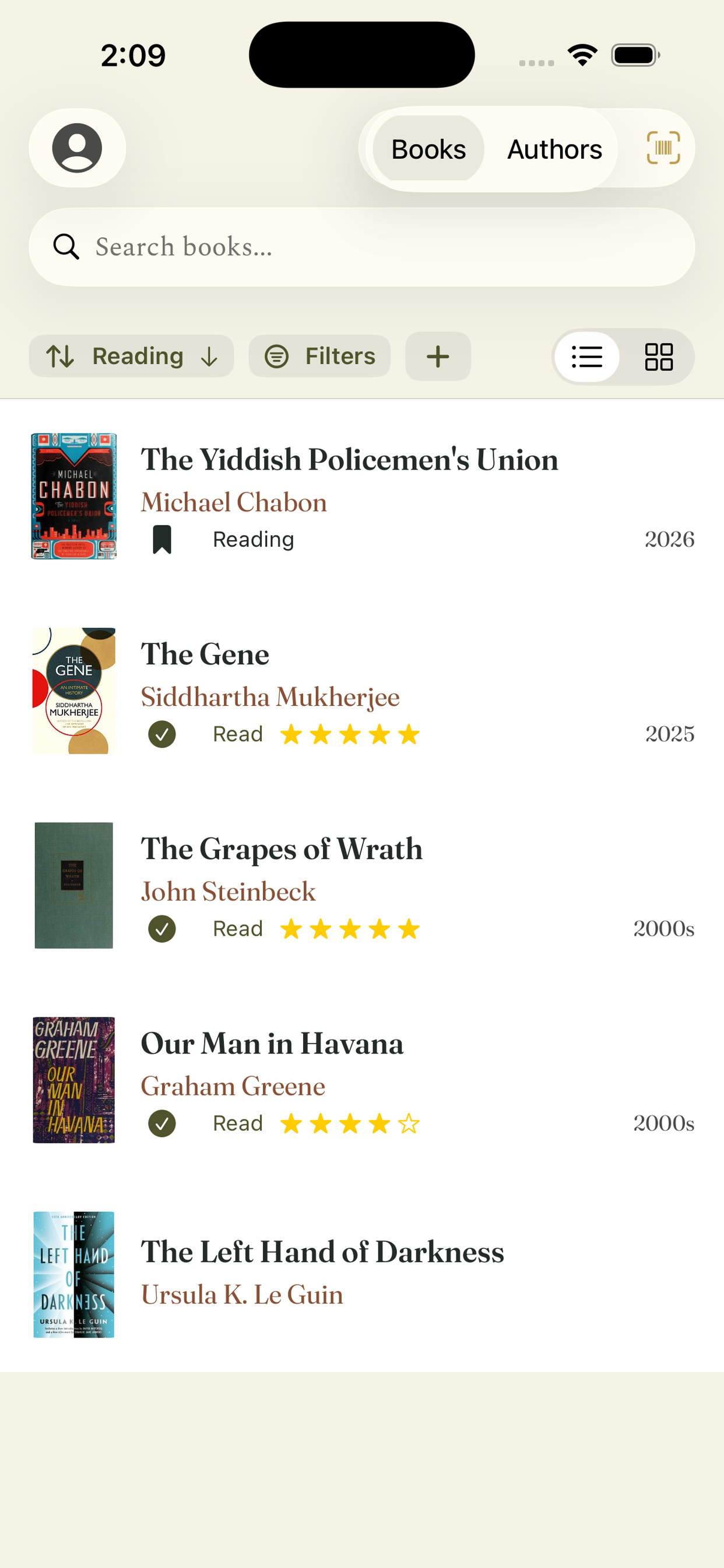 Ajanta list view showing The Yiddish Policemen’s Union, The Gene, The Grapes of Wrath, Our Man in Havana, and The Left Hand of Darkness